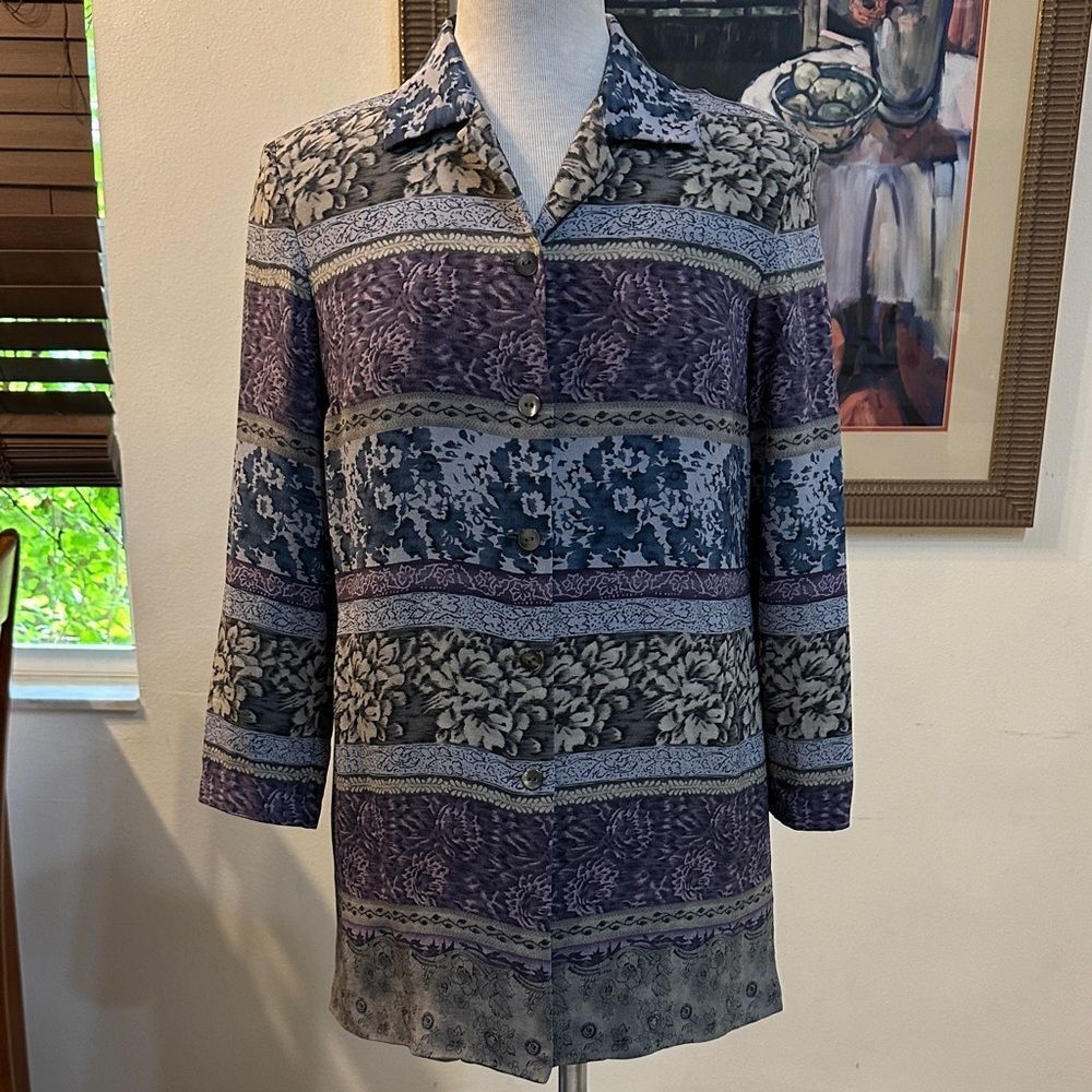 DANA BUCHMAN PETITE 100% Silk Patterned Jacket - Purple/Gray/Blue Size 6P